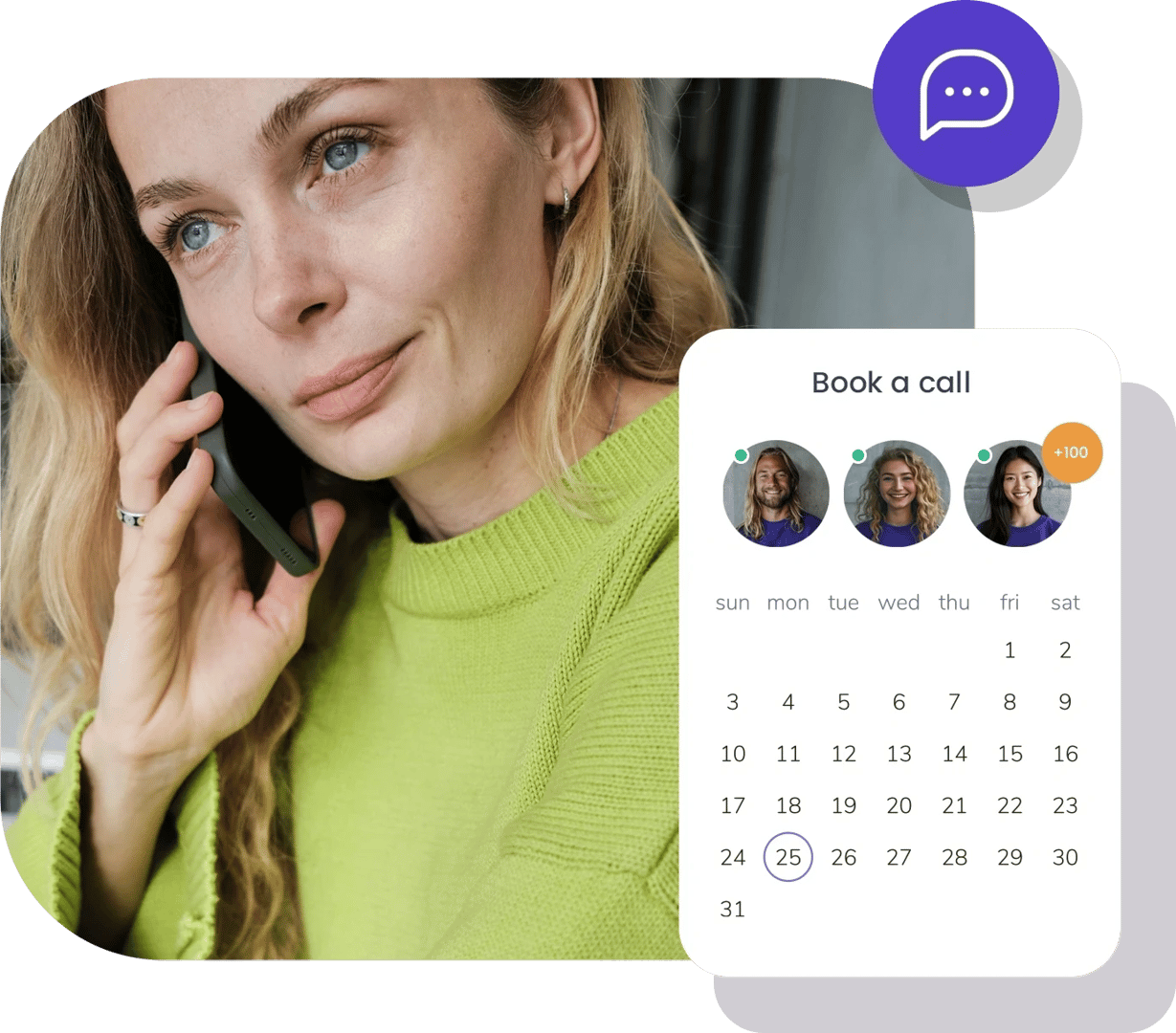 Kvinna som pratar i telefon samt bild på en kalender 