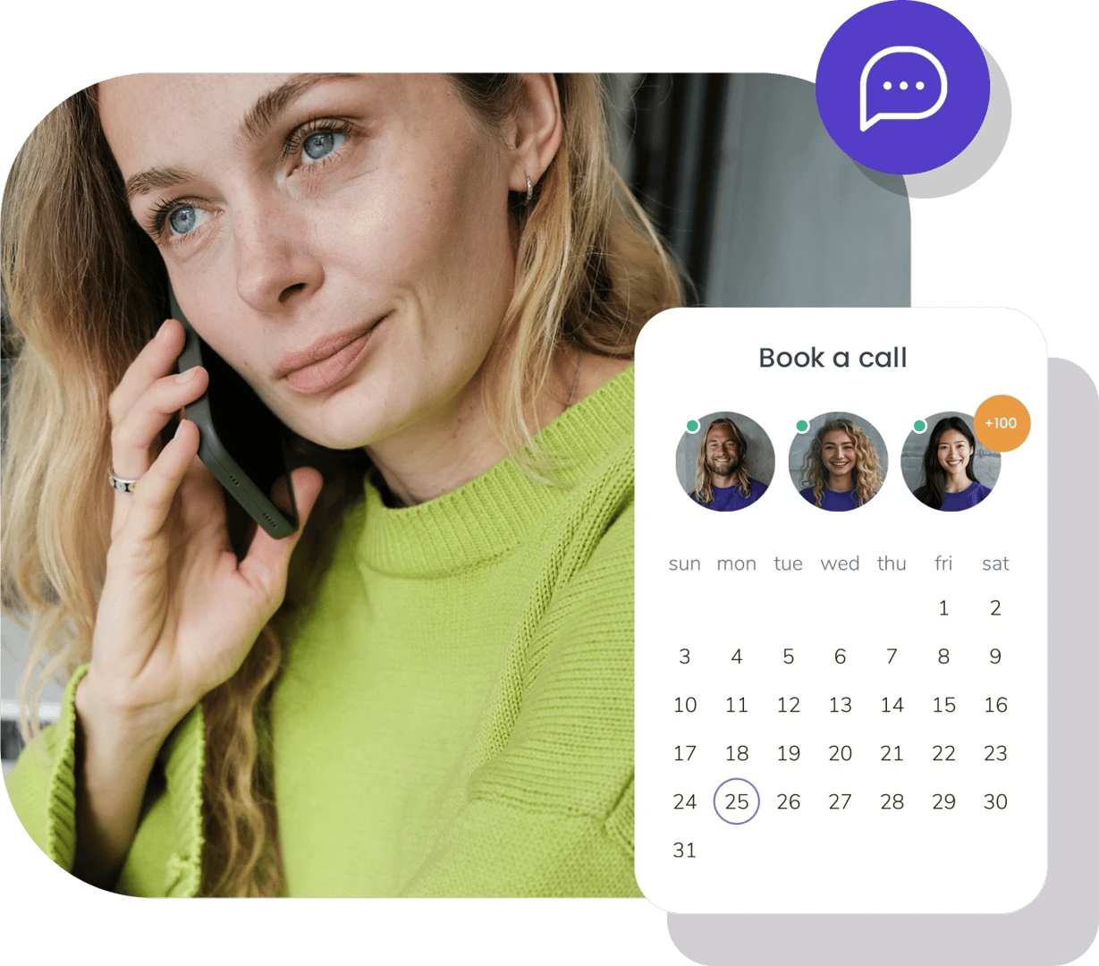 a woman wearing a green sweater talking on the phone with an overlay of a calendar screenshot