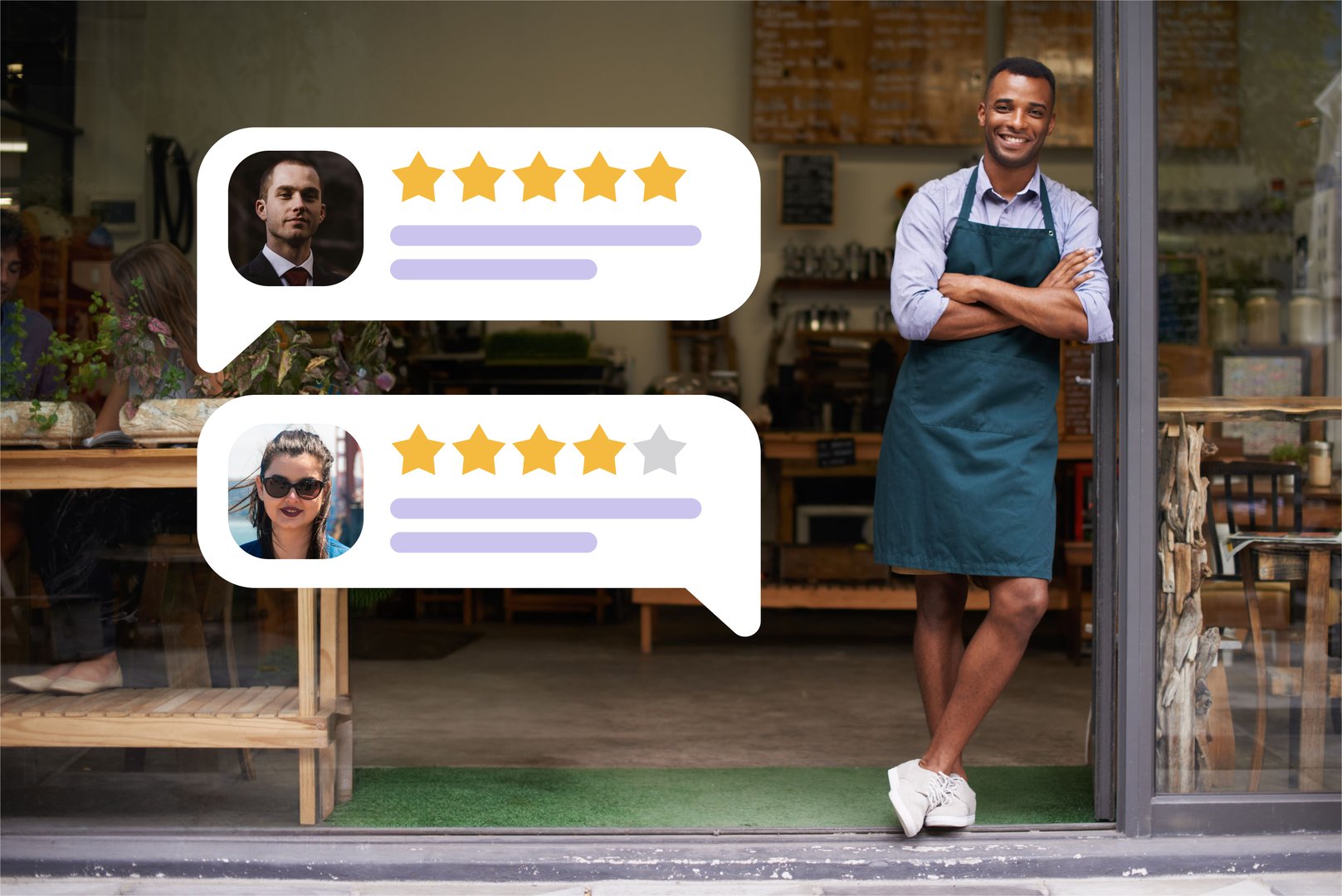 En företagare utanför sin butik, och grafik föreställande exempelrecensioner