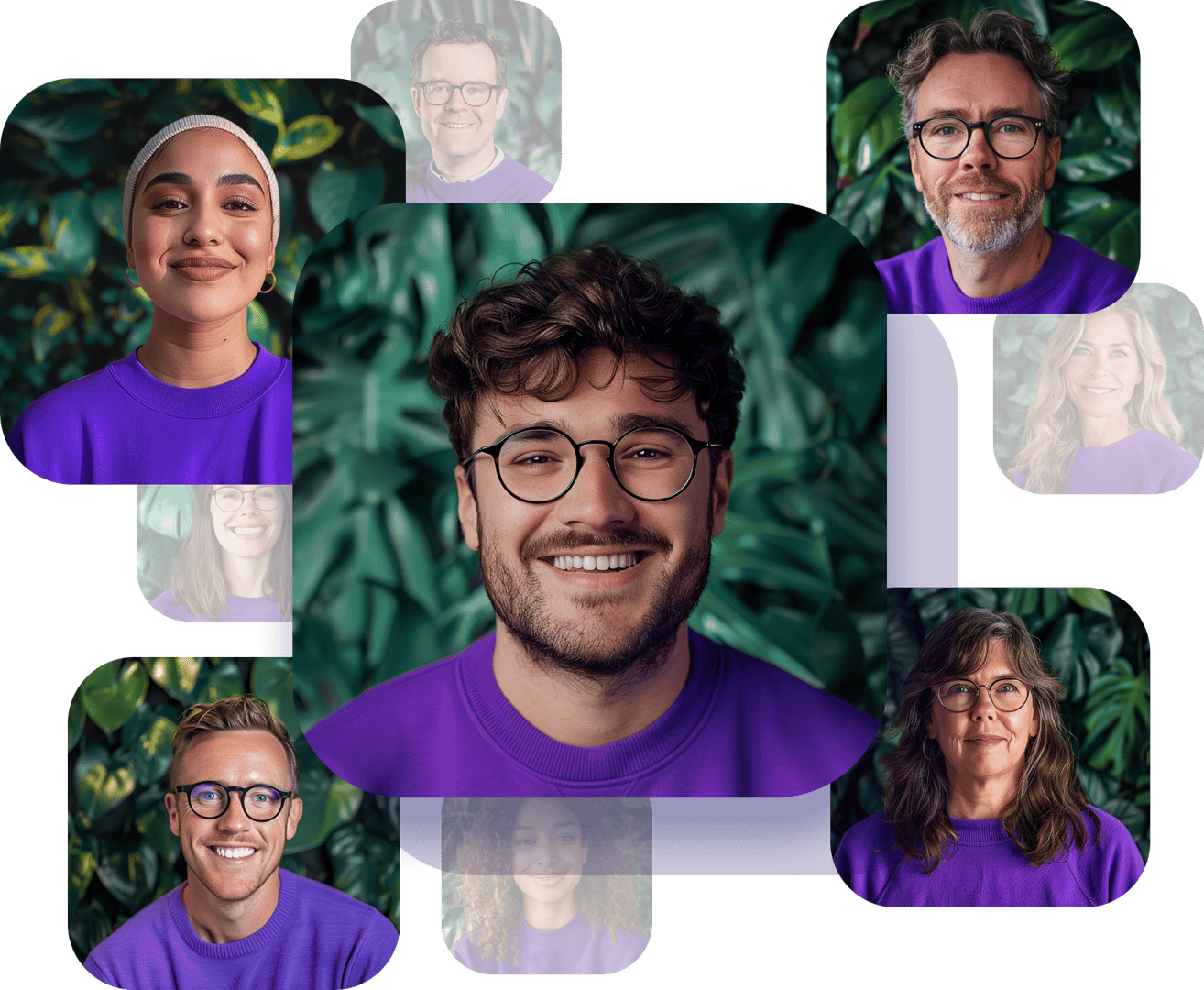 AI-genererede medarbejdere hos Robin i matchende lilla skjorter