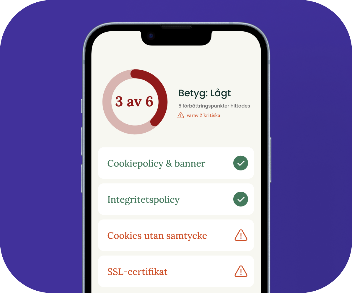 Mobil som visar GDPR-kollen resultat 