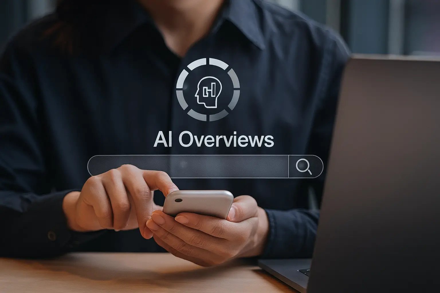Person som sitter med mobil - AI Overviews 