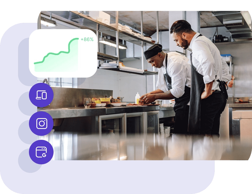 Mockup med kokker i restaurant og diagram.