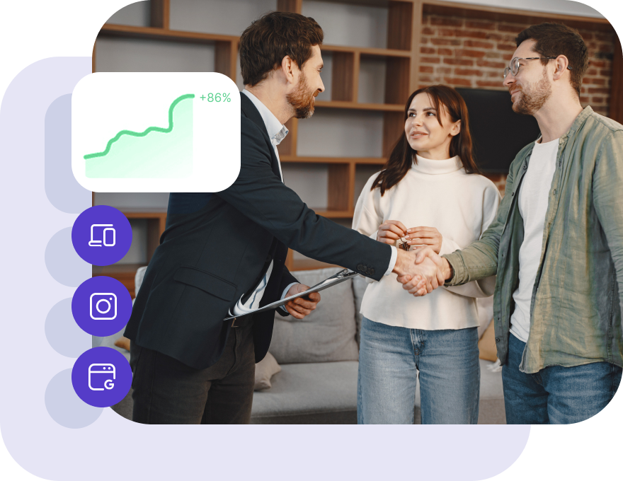 Mockup av diagram og et par sammen med en megler.