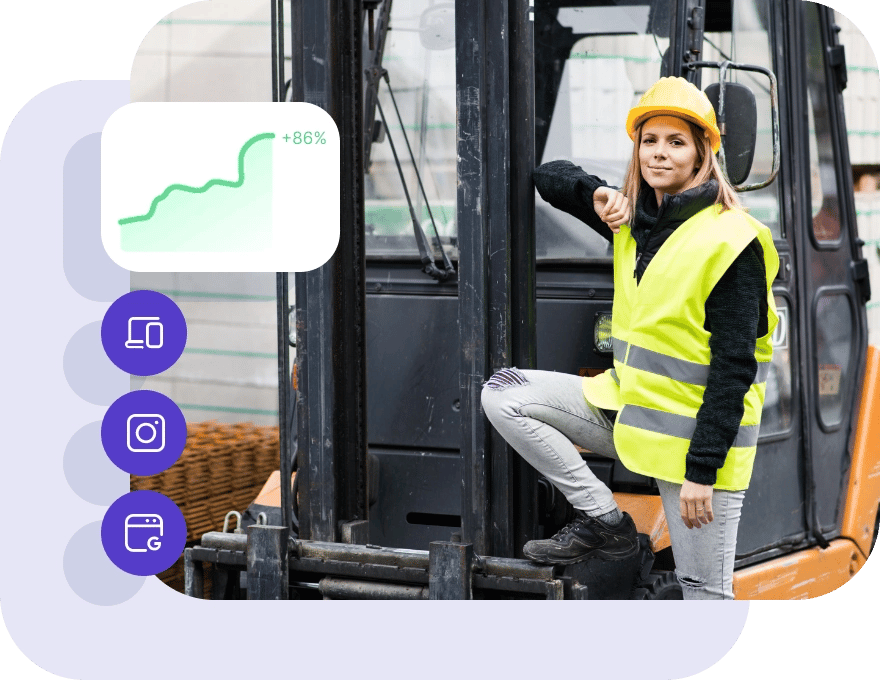 Mockup med diagram og en kvinne som jobber med transportkjøring.