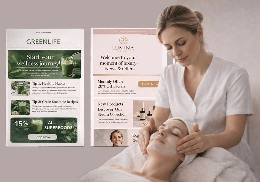 Mockup med kvinne som utfører ansiktsbehandling og bildeeksempel til nyhetsbrev.