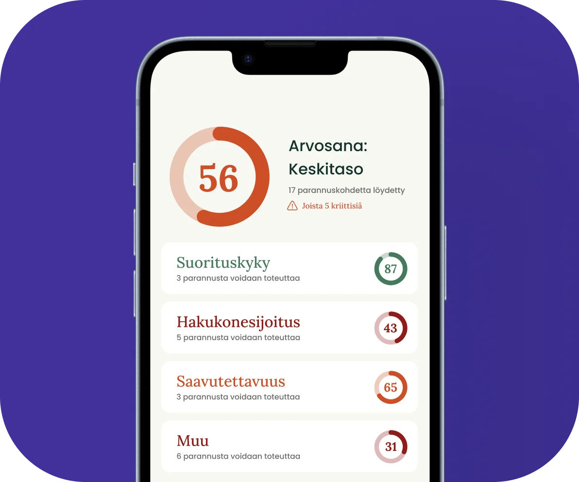 Puhelin, joka näyttää tulokset SEO-tarkistuksesta
