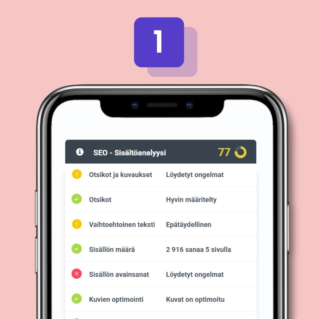 SEO-sisältöanalyysi – kuva puhelimesta, jossa on numeroita ja tekstiä