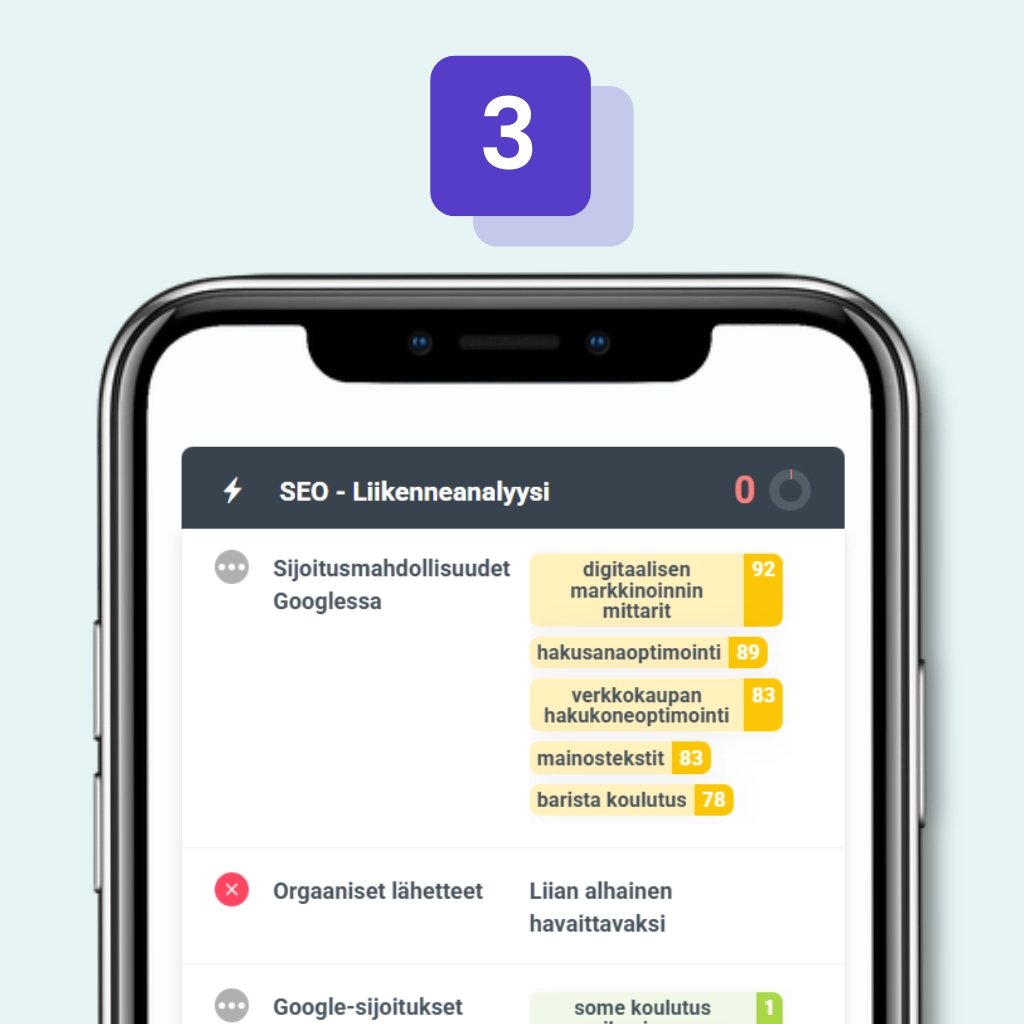 SEO-liikenneanalyysi – kuva puhelimesta, jossa on numeroita ja tekstiä