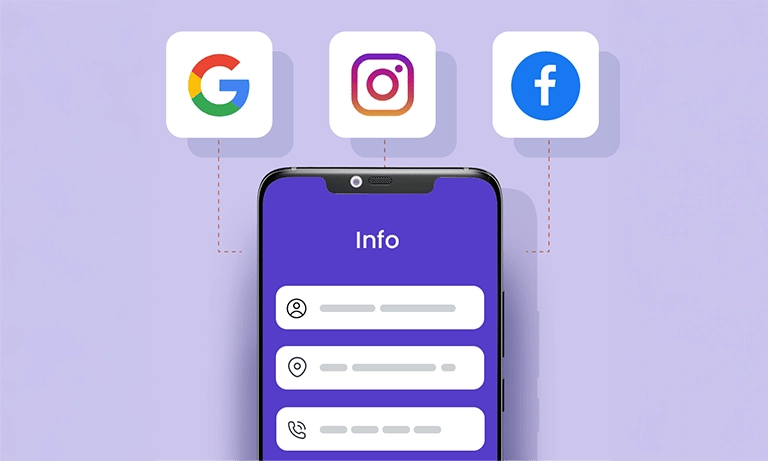 Mockup med mobilskjerm og ikoner som Google, Instagram og Facebook.