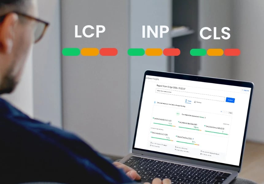 Henkilö, joka analysoi Core Web Vitals -mittareita (LCP, INP, CLS) kannettavalla tietokoneella.