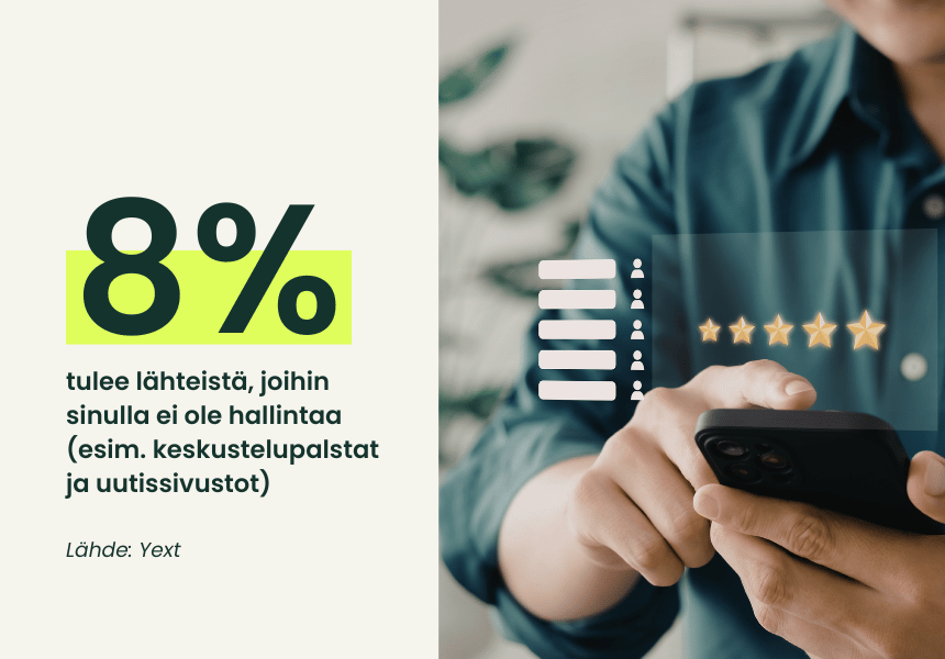 Graafinen kuva, jossa teksti: 8 % lähteistä, joihin et voi vaikuttaa (esim. foorumit tai uutissivustot).