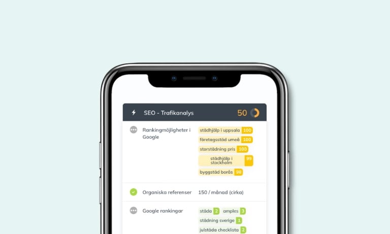 SEO Trafikanalys - bild på telefon med siffror och text.