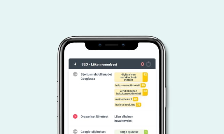 SEO-liikenneanalyysi – kuva puhelimesta, jossa on numeroita ja tekstiä.