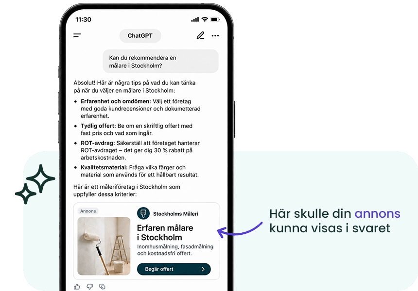 Mockup där man får se exempel på annons i ChatGPT.