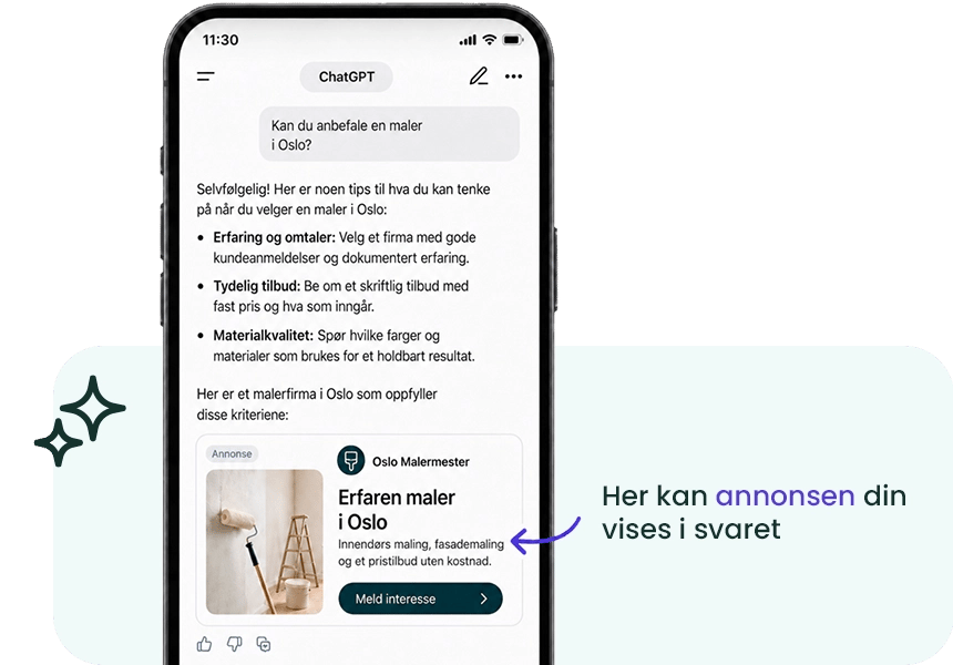 Mockup der man får se et eksempel på en annonse i ChatGPT.