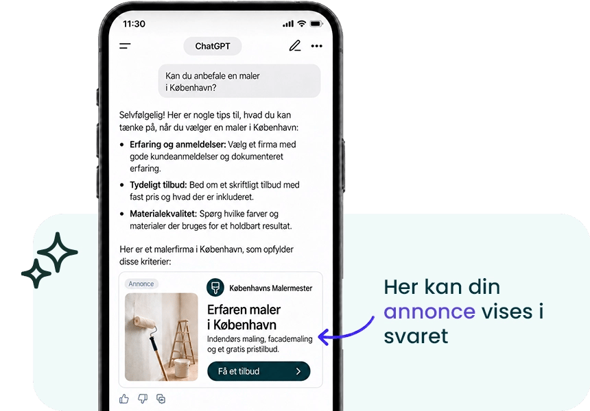 Mockup, hvor man kan se et eksempel på en annonce i ChatGPT.