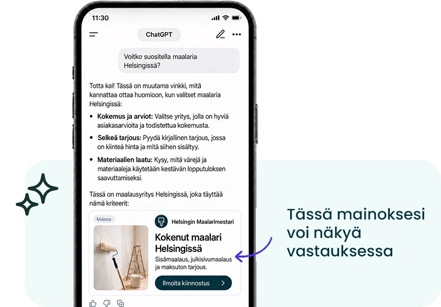 Mockup, jossa näkyy esimerkki mainoksesta ChatGPT:ssä.