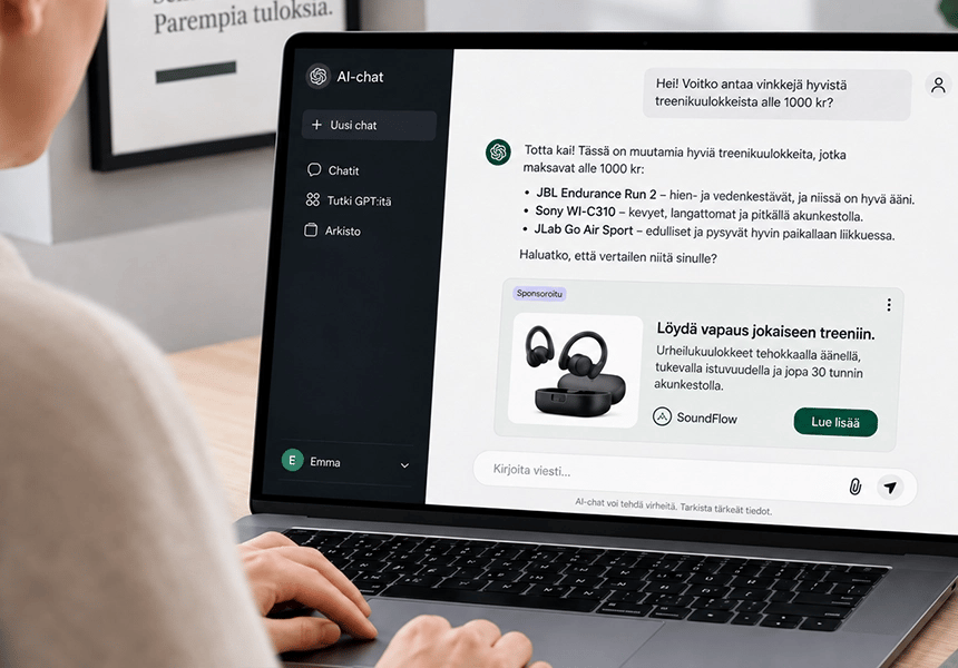 Henkilö, jolle näytetään ChatGPT Ads -mainos vastauksena hänen kysymykseensä.